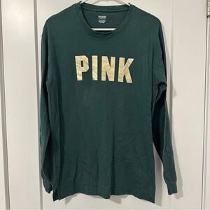 Victorias Secret PINK Green Gold Long Sleeve T-shirt Top Size XS Women’s